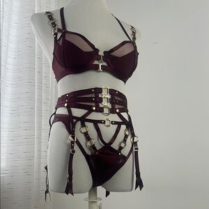 Honey Birdette Jowal Strappy Bra Panty Garter Set 34B Med
